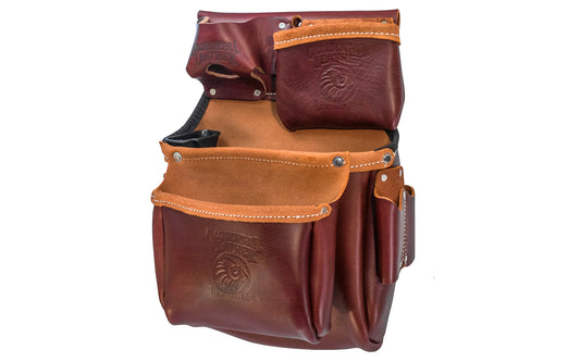Occidental Leather "Big Oxy" Leather Fastener Bag ~ 5525 - Genuine leather - Made in USA - 759244205800 - For tri-square, cat’s paw, driver bits, angle square, tape pocket fits up to a 35’ tape - 10 holders for pencils, knife, lumber crayon, chisel, torpedo level, hammer - Three Pouch Tool Bag - Big Oxy Leather Bag