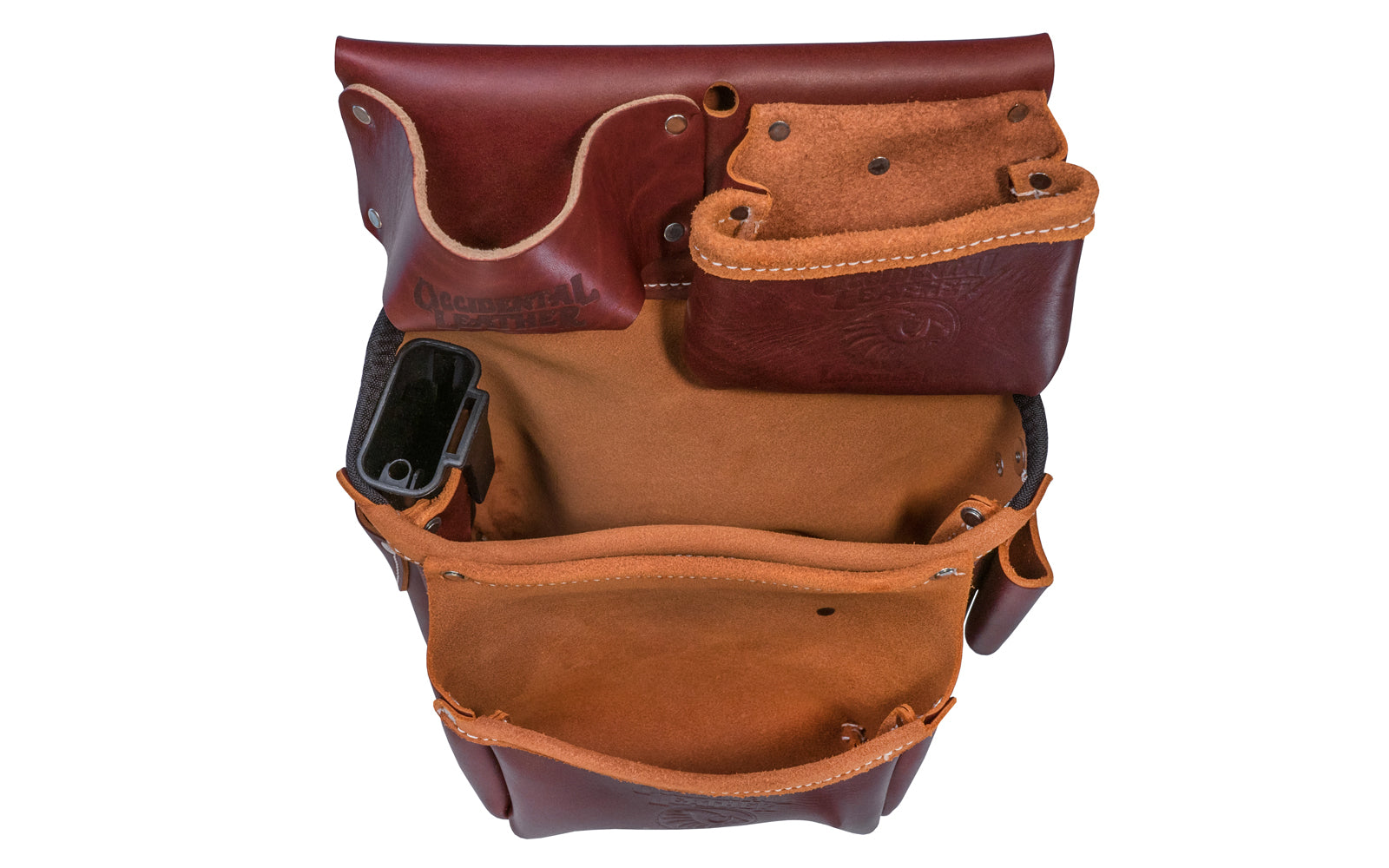 Occidental Leather "Big Oxy" Leather Fastener Bag ~ 5525 - Genuine leather - Made in USA - 759244205800 - For tri-square, cat’s paw, driver bits, angle square, tape pocket fits up to a 35’ tape - 10 holders for pencils, knife, lumber crayon, chisel, torpedo level, hammer - Three Pouch Tool Bag - Big Oxy Leather Bag