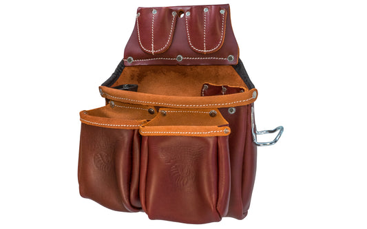 Occidental Leather "Big Oxy" Leather Fastener Bag ~ 5526 - Genuine leather - Made in USA - 759244204209 - Holders for torpedo level, pencils, utility knife, chisels, driver bits, tri-square, cat’s paw, driver bits - 16 holders for pencils, lumber crayon, torpedo level, hammer - Three Pouch Tool Bag - Big Oxy Leather Bag