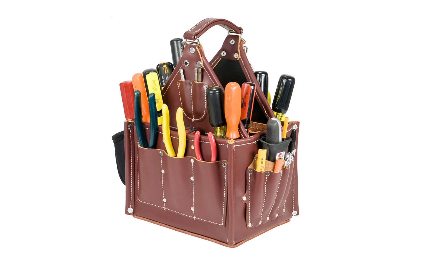 Occidental Leather "Stronghold" Journeyman's Tote - Model No. 5585 - Features divided inside compartments with 16 screwdriver loops, 9 center compartments, 6 outside pockets, 6 outside tool loops, a snap clip & a location strap for clip-on items 9501 bag included. Leather main body for quality & durability. Made in USA