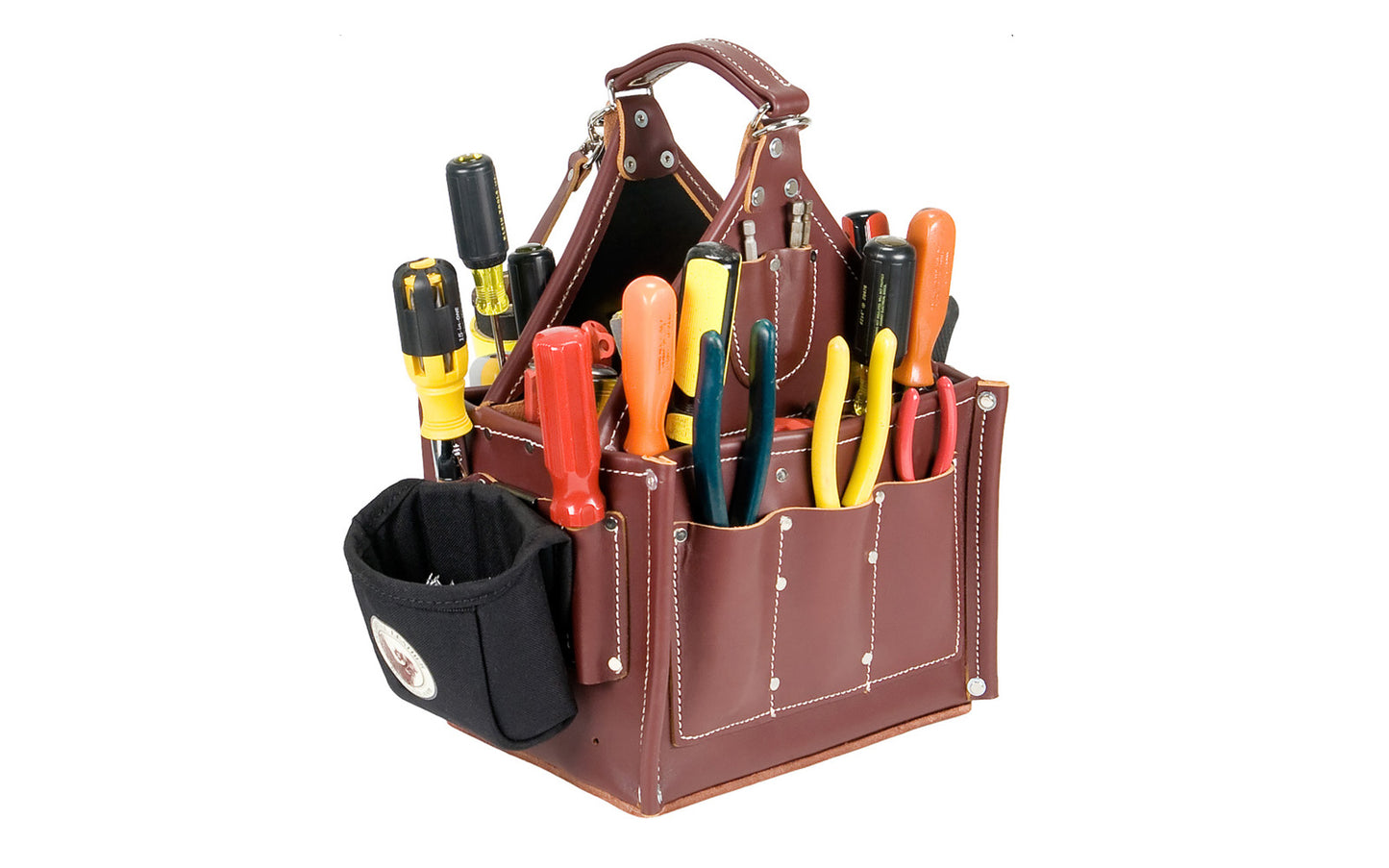 Occidental Leather "Stronghold" Journeyman's Tote - Model No. 5585 - Features divided inside compartments with 16 screwdriver loops, 9 center compartments, 6 outside pockets, 6 outside tool loops, a snap clip & a location strap for clip-on items 9501 bag included. Leather main body for quality & durability. Made in USA