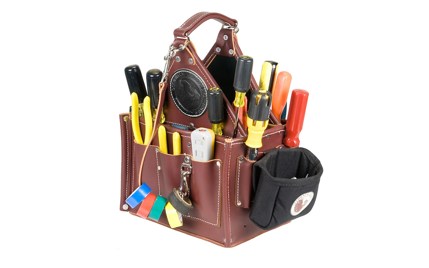 Occidental Leather "Stronghold" Journeyman's Tote - Model No. 5585 - Features divided inside compartments with 16 screwdriver loops, 9 center compartments, 6 outside pockets, 6 outside tool loops, a snap clip & a location strap for clip-on items 9501 bag included. Leather main body for quality & durability. Made in USA