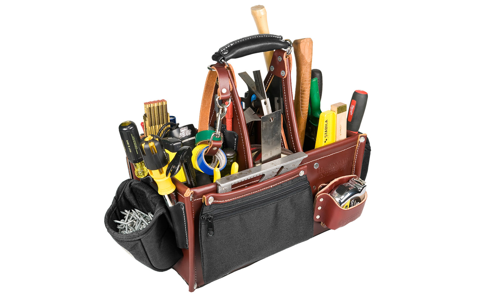 Occidental Leather "Stronghold" Master Carpenter Case - Model No. 5588 - Features main 3 compartments with 45 pockets & tool holders. A generous zipper bag on side for driver bits, small items, Holster for a rafter square. All leather main body for quality & durability. 8-1/2" x 15-1/2" x 8".  759244297706  Made in USA