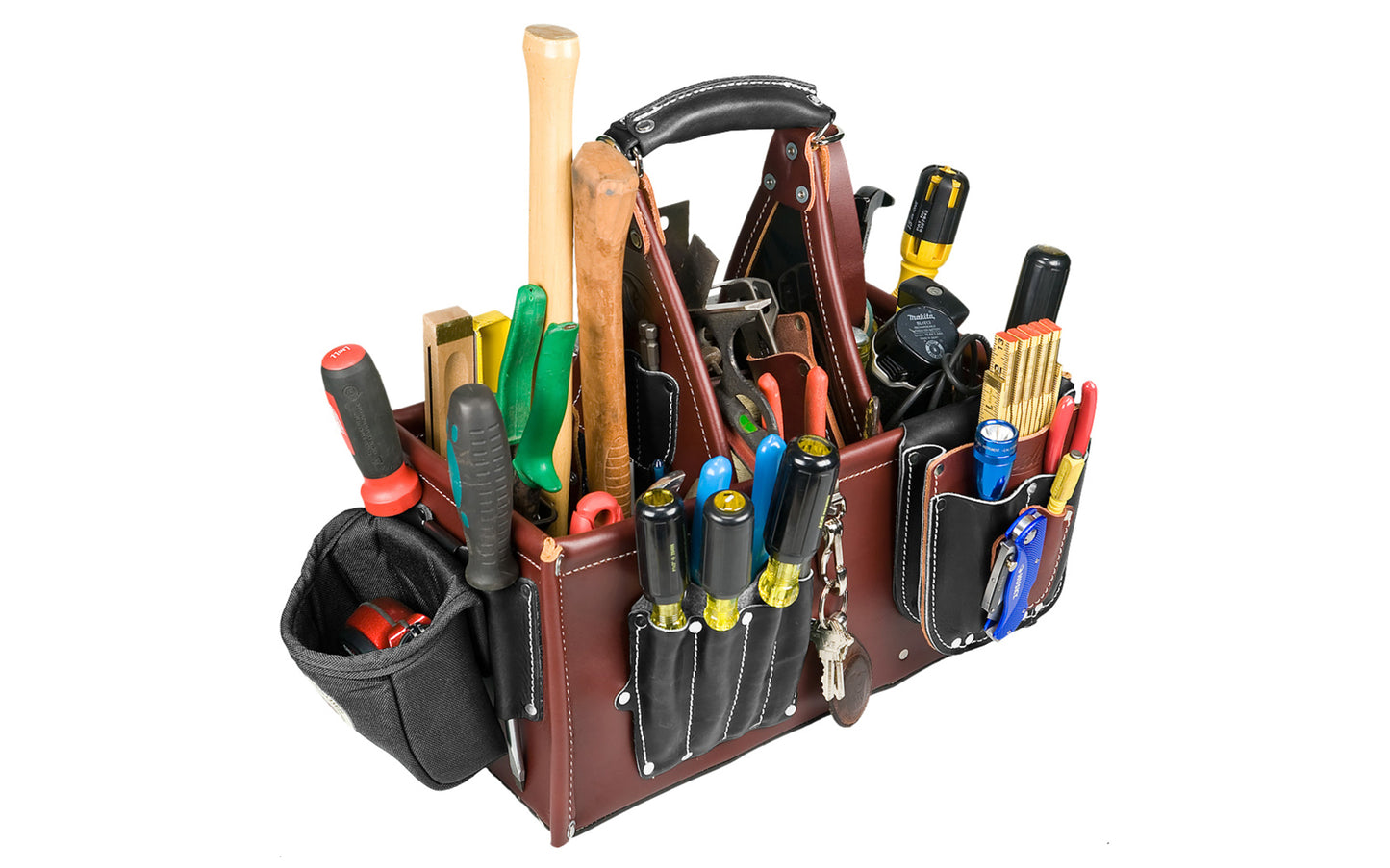 Occidental Leather "Stronghold" Master Carpenter Case - Model No. 5588 - Features main 3 compartments with 45 pockets & tool holders. A generous zipper bag on side for driver bits, small items, Holster for a rafter square. All leather main body for quality & durability. 8-1/2" x 15-1/2" x 8".  759244297706  Made in USA