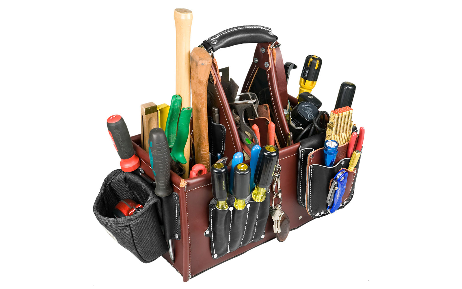 Occidental Leather "Stronghold" Master Carpenter Case - Model No. 5588 - Features main 3 compartments with 45 pockets & tool holders. A generous zipper bag on side for driver bits, small items, Holster for a rafter square. All leather main body for quality & durability. 8-1/2" x 15-1/2" x 8".  759244297706  Made in USA