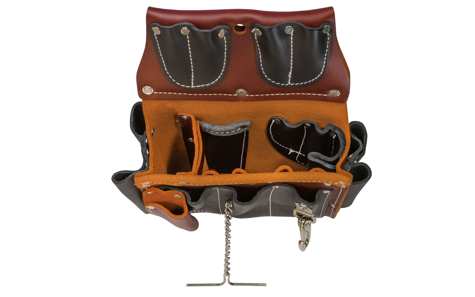 Occidental Leather Electrician's Tool Case 5589 - All leather belt worn commercial electricians case with 25 pockets & tool holders that accommodate all your tools. Includes heavy duty chain for electrical tape & a handy utility clip. Designed exclusively for use by journeyman electricians - Black leather tool holders.