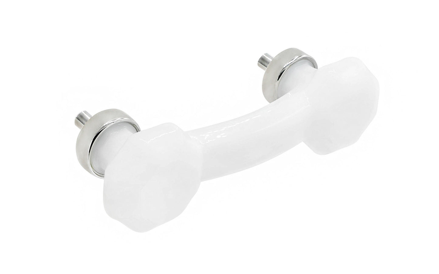 Elegant & classic octagonal cabinet glass pull with an attractive "Translucent White Opal" / "Milk White" color. The pull handle has 3" on centers. The glass is carefully set into a handsome solid brass bases with threaded shanks in the back. Octagon Glass pull. 3" center to center. Polished Nickel finish.