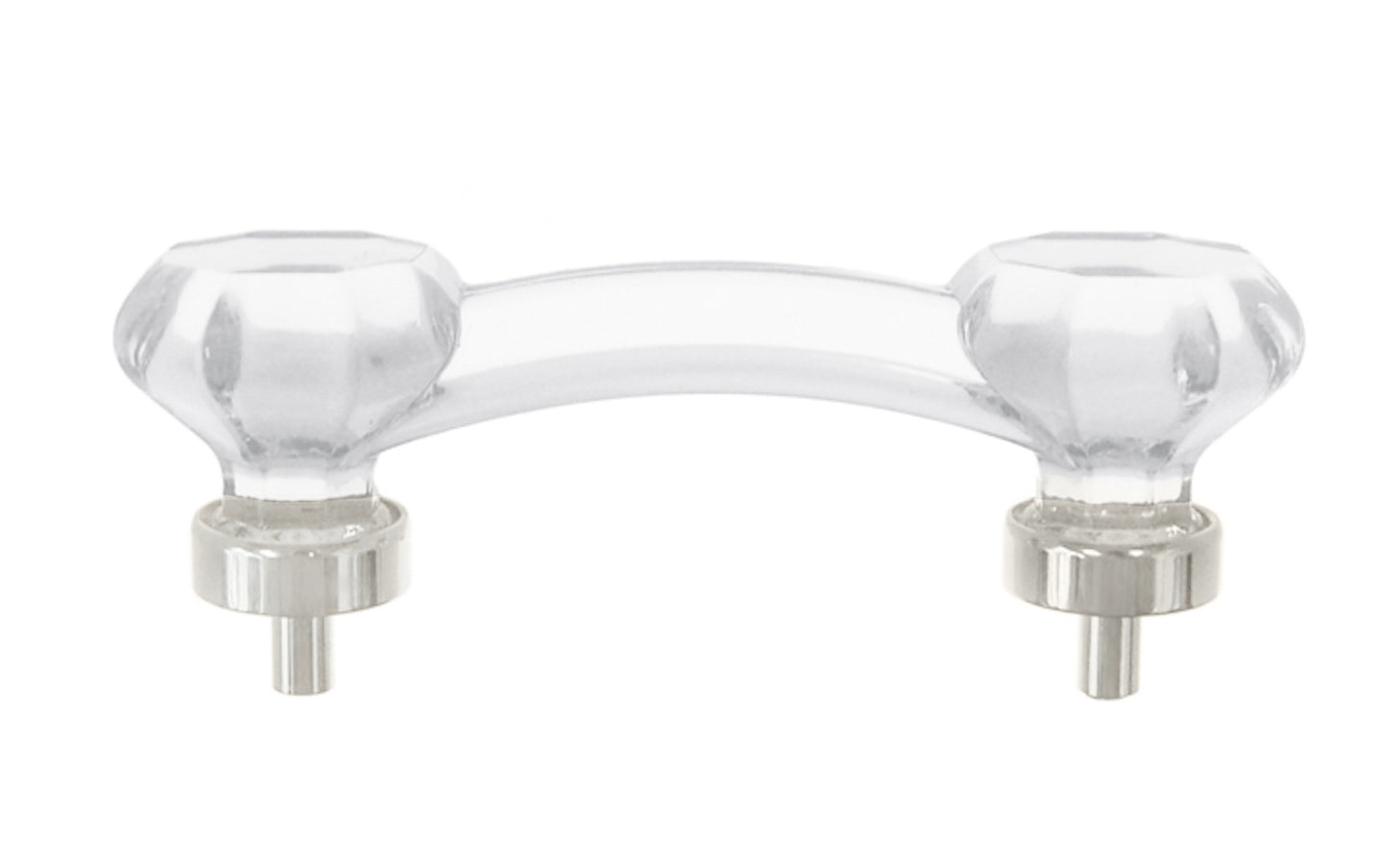 Elegant & classic octagonal cabinet glass pull with with attractive genuine clear glass. The pull handle has 3" on centers. The glass is carefully set into a handsome solid brass bases with threaded shanks in the back. Octagon Glass pull. 3" center to center. Polished nickel finish.