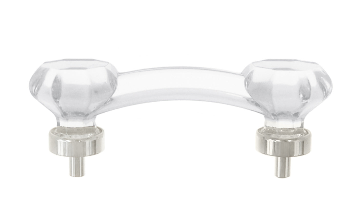 Elegant & classic octagonal cabinet glass pull with with attractive genuine clear glass. The pull handle has 3" on centers. The glass is carefully set into a handsome solid brass bases with threaded shanks in the back. Octagon Glass pull. 3" center to center. Polished nickel finish.