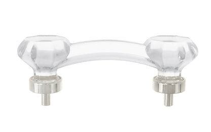Elegant & classic octagonal cabinet glass pull with with attractive genuine clear glass. The pull handle has 3" on centers. The glass is carefully set into a handsome solid brass bases with threaded shanks in the back. Octagon Glass pull. 3" center to center. Polished nickel finish.