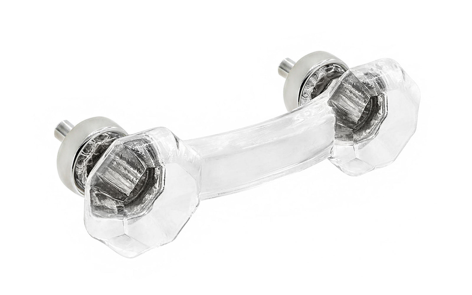 Elegant & classic octagonal cabinet glass pull with with attractive genuine clear glass. The pull handle has 3" on centers. The glass is carefully set into a handsome solid brass bases with threaded shanks in the back. Octagon Glass pull. 3" center to center. Polished nickel finish.