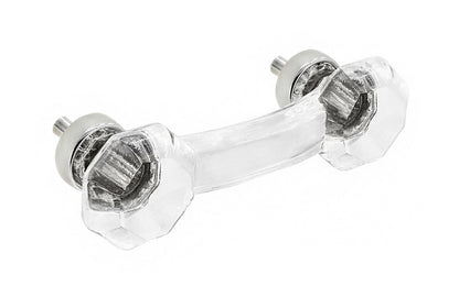 Elegant & classic octagonal cabinet glass pull with with attractive genuine clear glass. The pull handle has 3" on centers. The glass is carefully set into a handsome solid brass bases with threaded shanks in the back. Octagon Glass pull. 3" center to center. Polished nickel finish.
