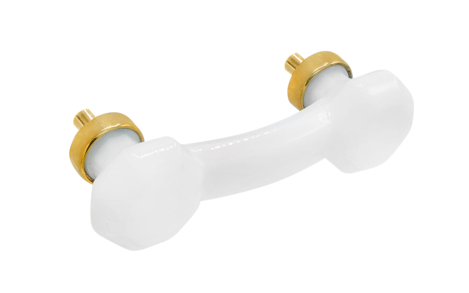 Elegant & classic octagonal cabinet glass pull with an attractive "Translucent White Opal" / "Milk White" color. The pull handle has 3" on centers. The glass is carefully set into a handsome solid brass bases with threaded shanks in the back. Octagon Glass pull. 3" center to center. Unlacquered solid brass base.