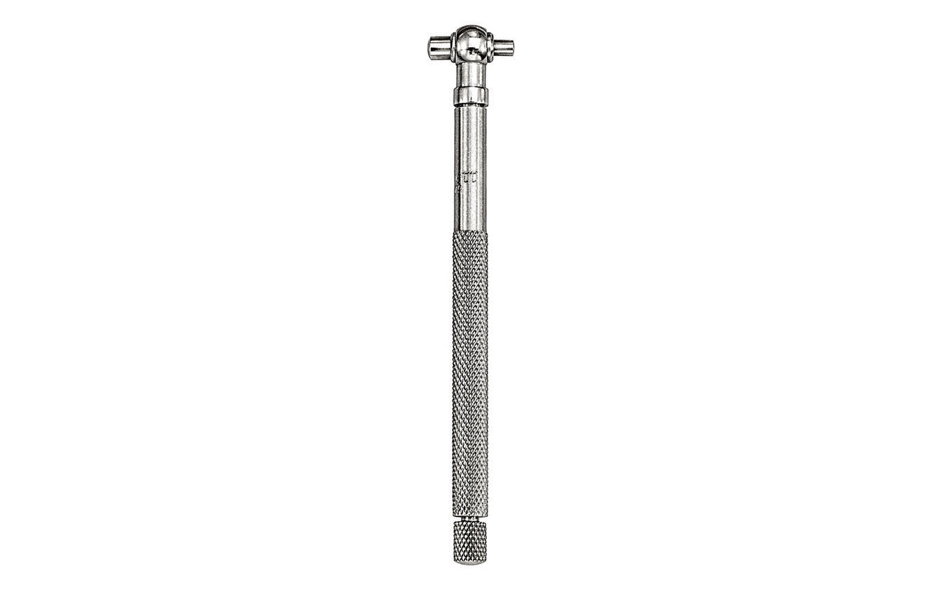 Starrett 579 Telescoping Gage is used for determining the true size of holes, slots, and recesses. The ends of both contacts are hardened and ground to a radius to allow proper clearance on the smallest hole the gage will enter. Model 579A. Range: 5/16" to 1/2" (8-13mm).