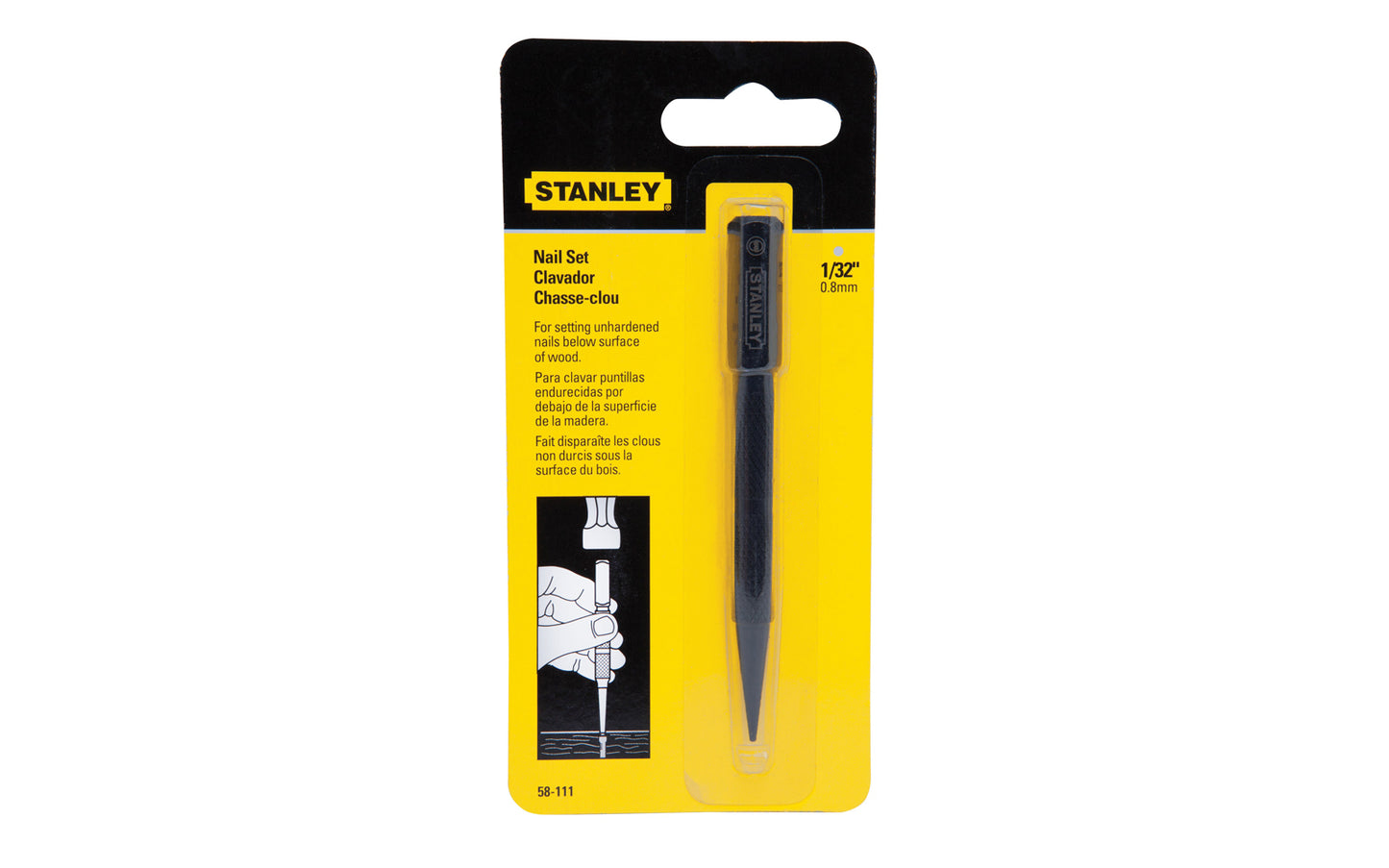 Model 58-111 ~ 1/32" Nail Set ~ Handy 1/32" nail set made by Stanley Tools, designed for setting unhardened nails below surface of wood. The nail set is fully hardened & precision-milled steel for long life, & have long beveled tips for easy nail head alignment. Square head prevents rolling when set down. 076174581119