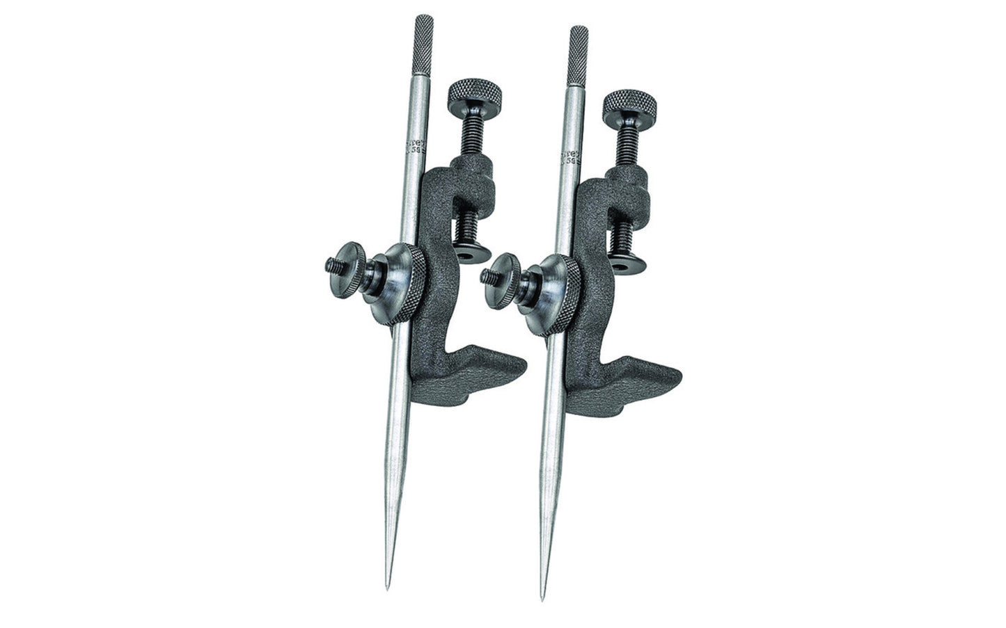 These Starrett 59A Trammels are very useful for laying out & scribing circles beyond the capacity of ordinary dividers. The trammel heads have a clamping device that firmly holds various attachments. Includes (2) Trammel Heads with two points that are 6" long (150mm).  Made in USA.