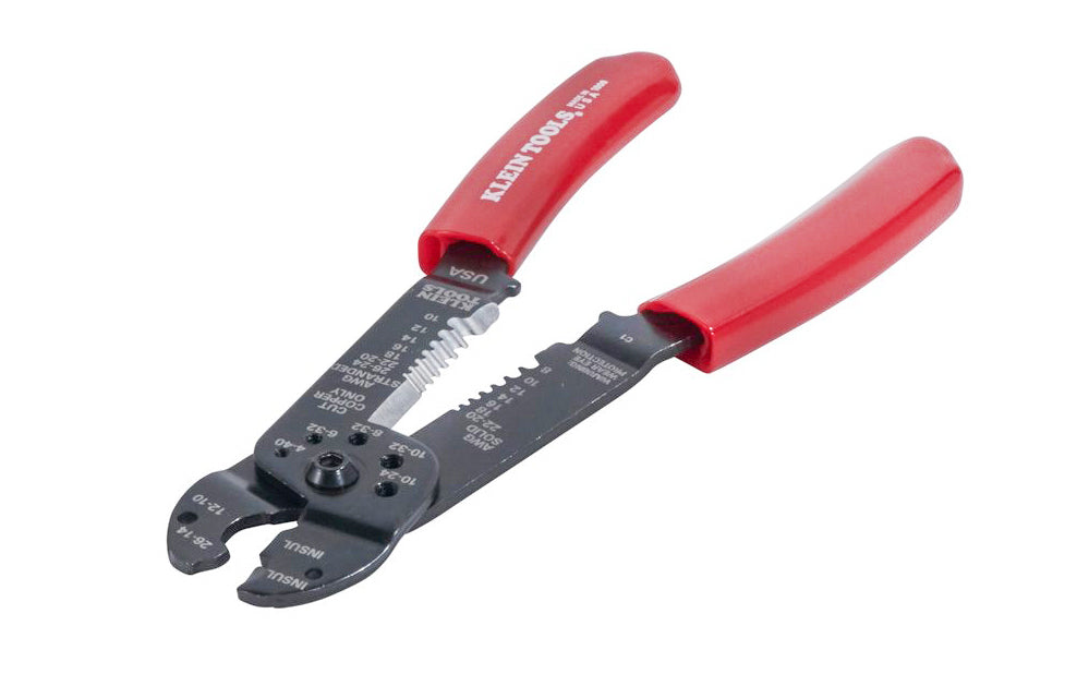 Klein Tools Multi-Purpose 6-in-1 Tool Stripper, Crimper, Wire Cutter ~ 1000 performs 6 different functions. It gauges, cuts & strips wire, measures & shears machine screws & crimps insulated terminals & connectors. Threaded holes to easily measure the size of machine screws & cut it if needed. Made in USA. 092644744006