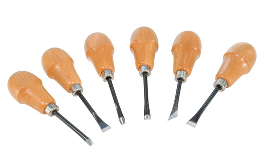 Made in Japan · Straight, right hand skew, V parting tool, small gouge, large gouge included ~ Small-sized chisels great for fine detail work ~ Hardwood handles - 6-piece set of palm handle chisels. Six of the most basic & useful chisel styles are included in this set, & the half-round palm-style handles - 765-5100