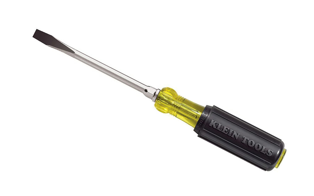 Heavy-duty square Klein Tools 1/4" (6.4 mm) Slot Heavy-Duty Keystone Screwdriver with 4" square shank is designed for the most demanding uses. The hex bolster reinforces shank for hard use & allows wrench assisted turning. Cushion-grip handle for greater torque & comfort. Model No. 602-4. Made in USA. 092644850226