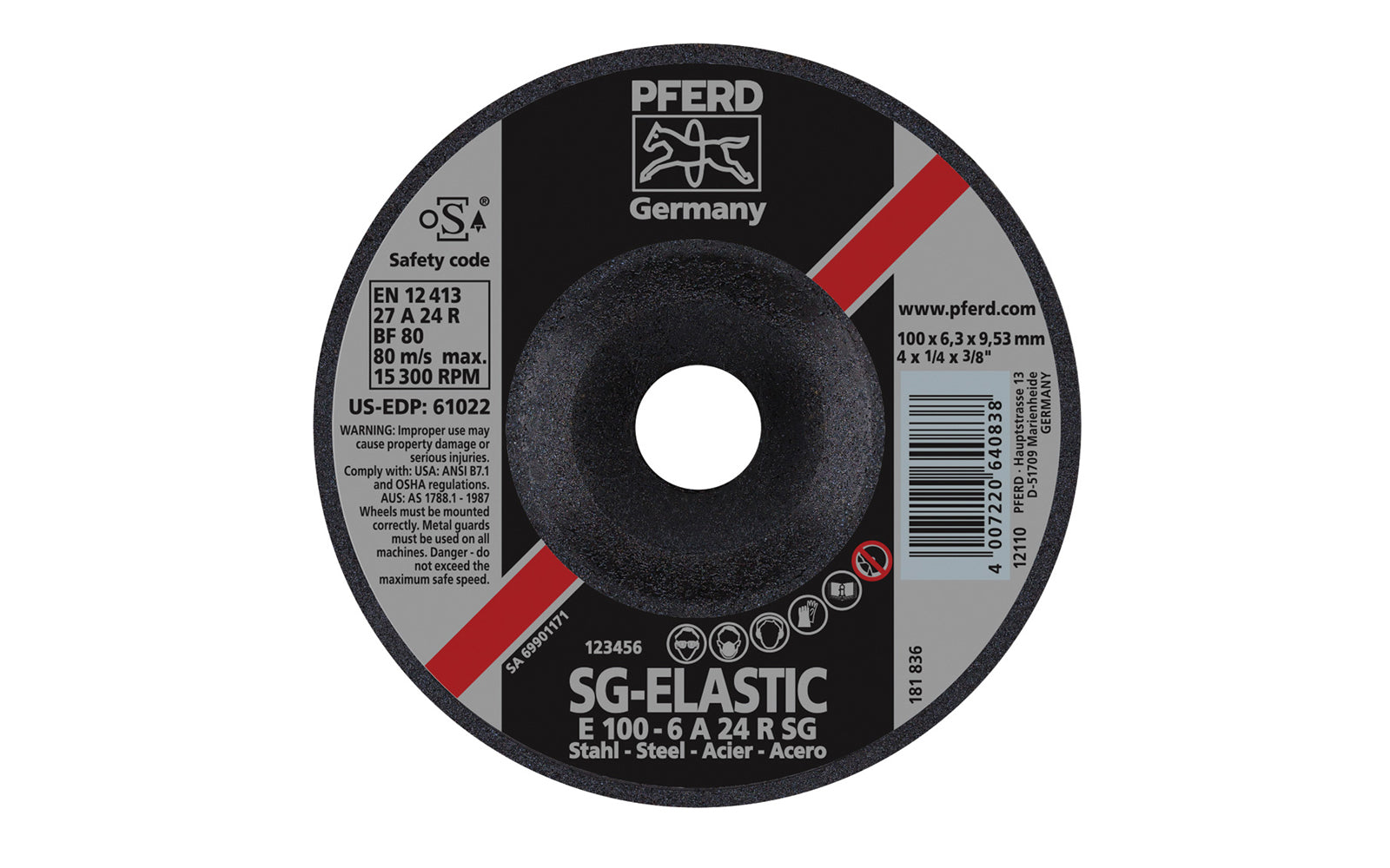 High quality 4" Grinding Wheel made by Pferd in Germany. This grinding wheel is designed for steels, edge grinding, surface grinding, weld finishing, etc. Long service life. 4" diameter of wheel. 3/8" arbor. 1/4" thickness of blade. 4007220640838. Model 61022 Made in Germany.