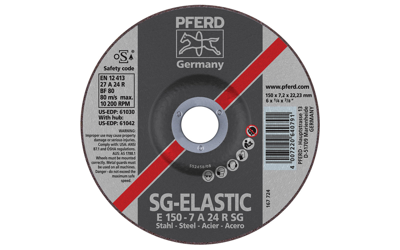 High quality 6" Grinding Wheel made by Pferd in Germany. Model 61008. Designed for steels, edge grinding, beveling, weld finishing, etc. High stock removal rate & long service life. Fast cutting action. 6" diameter. 7/8" arbor hole. 1/4" thickness of blade. 4007220640791. Made in Germany.