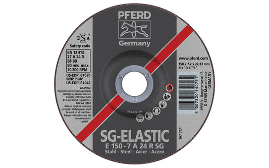 High quality 6" Grinding Wheel made by Pferd in Germany. Model 61008. Designed for steels, edge grinding, beveling, weld finishing, etc. High stock removal rate & long service life. Fast cutting action. 6" diameter. 7/8" arbor hole. 1/4" thickness of blade. 4007220640791. Made in Germany.