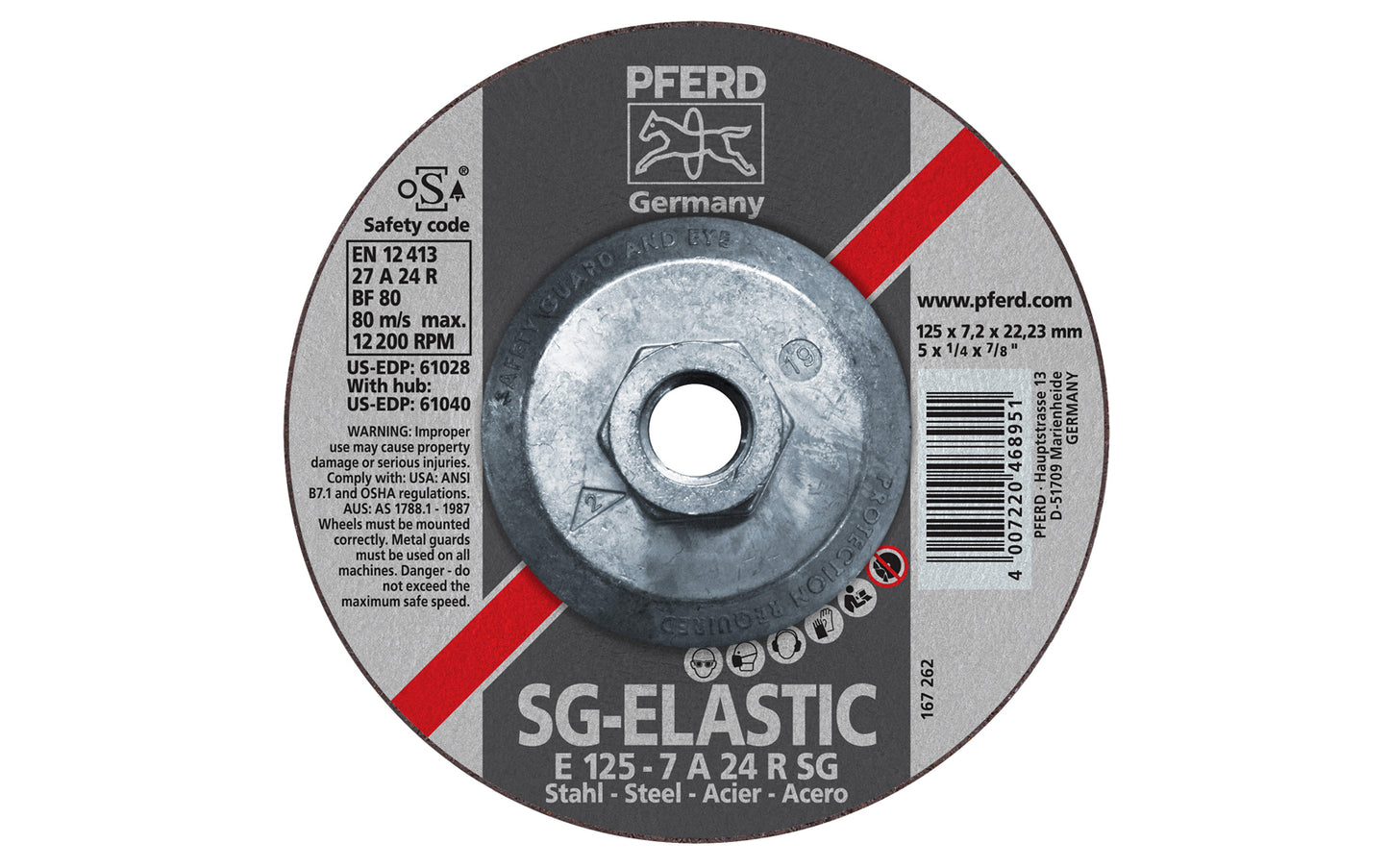 High quality 5" Grinding Wheel made by Pferd in Germany. This grinding wheel is designed for steels, edge grinding, surface grinding, weld finishing, etc. Long service life. 5" diameter of wheel. 5/8-11 thread. 1/4" thickness of blade. 4007220468951. Made in Germany.