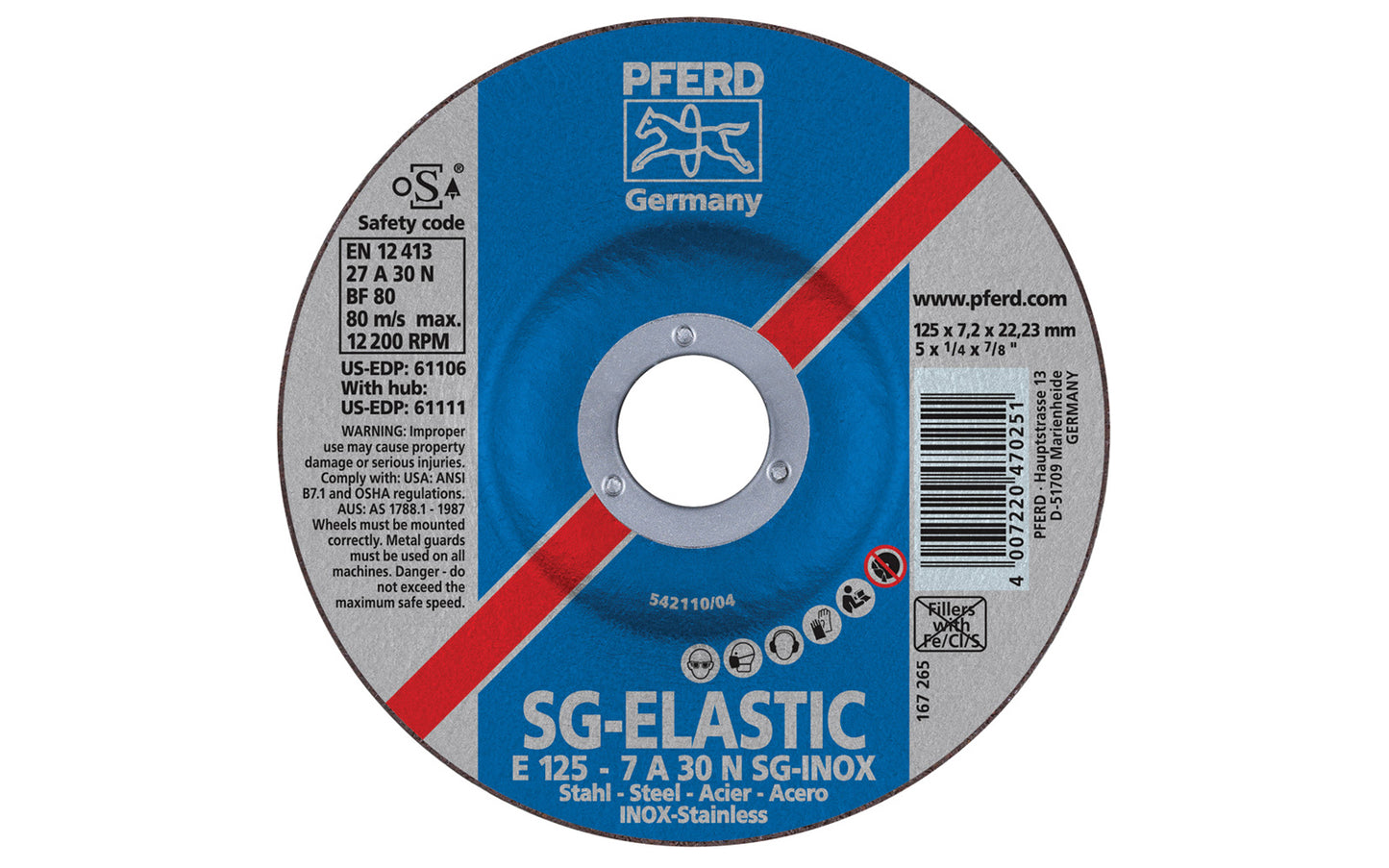 high quality 5" Grinding Wheel made by Pferd in Germany. This grinding wheel is designed for stainless & also suitable for steels, cast iron grinding. Made without ferrous, sulphurous or chlorinated fillers. 5" diameter of wheel. 7/8" arbor. 1/4" thickness of blade. Depressed center type blade.  Made in Germany.