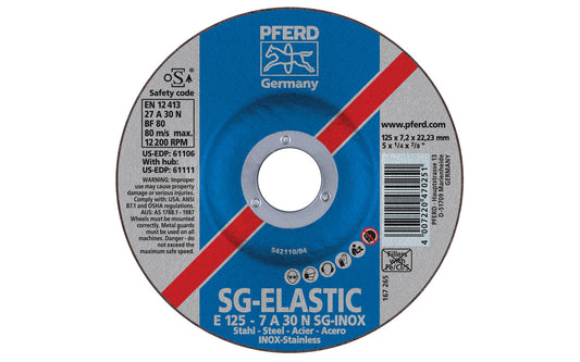 high quality 5" Grinding Wheel made by Pferd in Germany. This grinding wheel is designed for stainless & also suitable for steels, cast iron grinding. Made without ferrous, sulphurous or chlorinated fillers. 5" diameter of wheel. 7/8" arbor. 1/4" thickness of blade. Depressed center type blade.  Made in Germany.