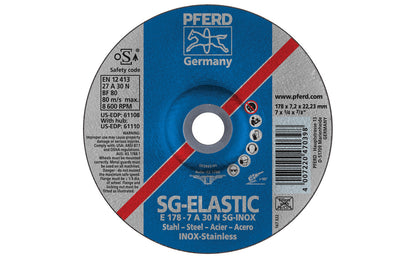 High quality 7" Grinding Wheel made by Pferd in Germany. Model 61108. Designed for steel & stainless steels, but also suitable for cast iron grinding. It can be used for general purpose grinding for metal. Fast cutting action. 7" diameter. 7/8" arbor hole. 1/4" thickness of blade. 4007220470398. Made in Germany.