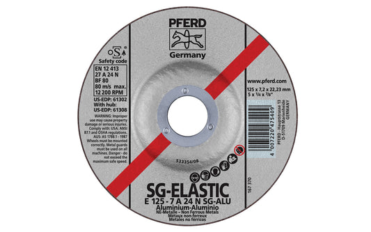 High quality 5" Aluminum Grinding Wheel made by Pferd in Germany. Model 61302. Designed for aluminum & non-ferrous metals with fast stock removal & long service life. Fast cutting action. 5" diameter. 7/8" arbor. 1/4" thickness of blade. 4007220475409. Made in Germany.