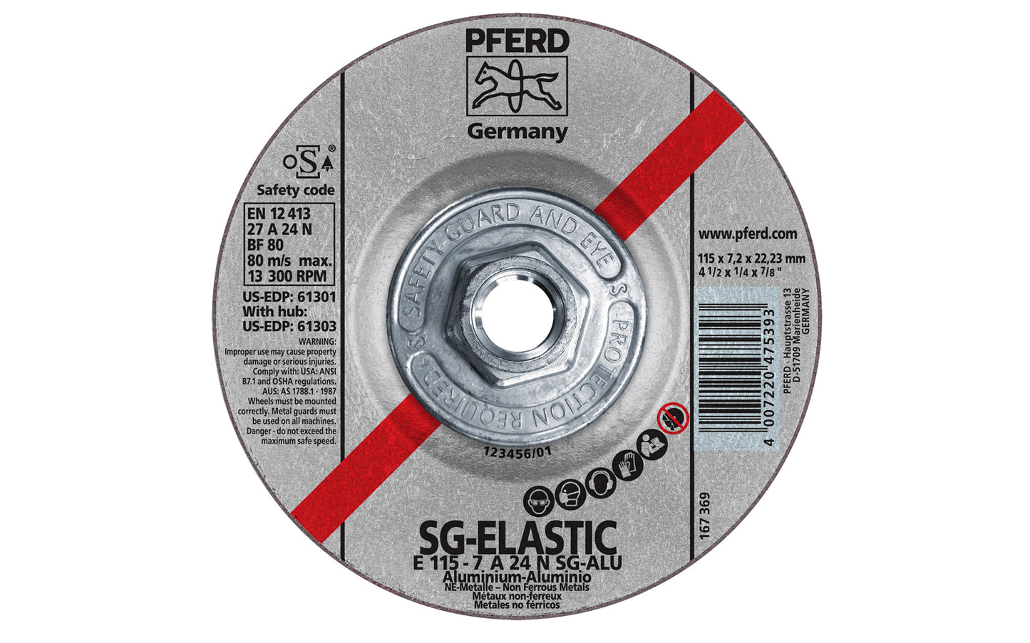 High quality 4-1/2" Aluminum Grinding Wheel made by Pferd in Germany. Model 61303. Designed for aluminum & non-ferrous metals with fast stock removal & long service life. Fast cutting action. 4-1/2" diameter. 5/8"-11 Threaded hub. 1/4" thickness of blade. 4007220475393. Made in Germany.