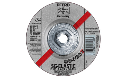 High quality 4-1/2" Aluminum Grinding Wheel made by Pferd in Germany. Model 61303. Designed for aluminum & non-ferrous metals with fast stock removal & long service life. Fast cutting action. 4-1/2" diameter. 5/8"-11 Threaded hub. 1/4" thickness of blade. 4007220475393. Made in Germany.