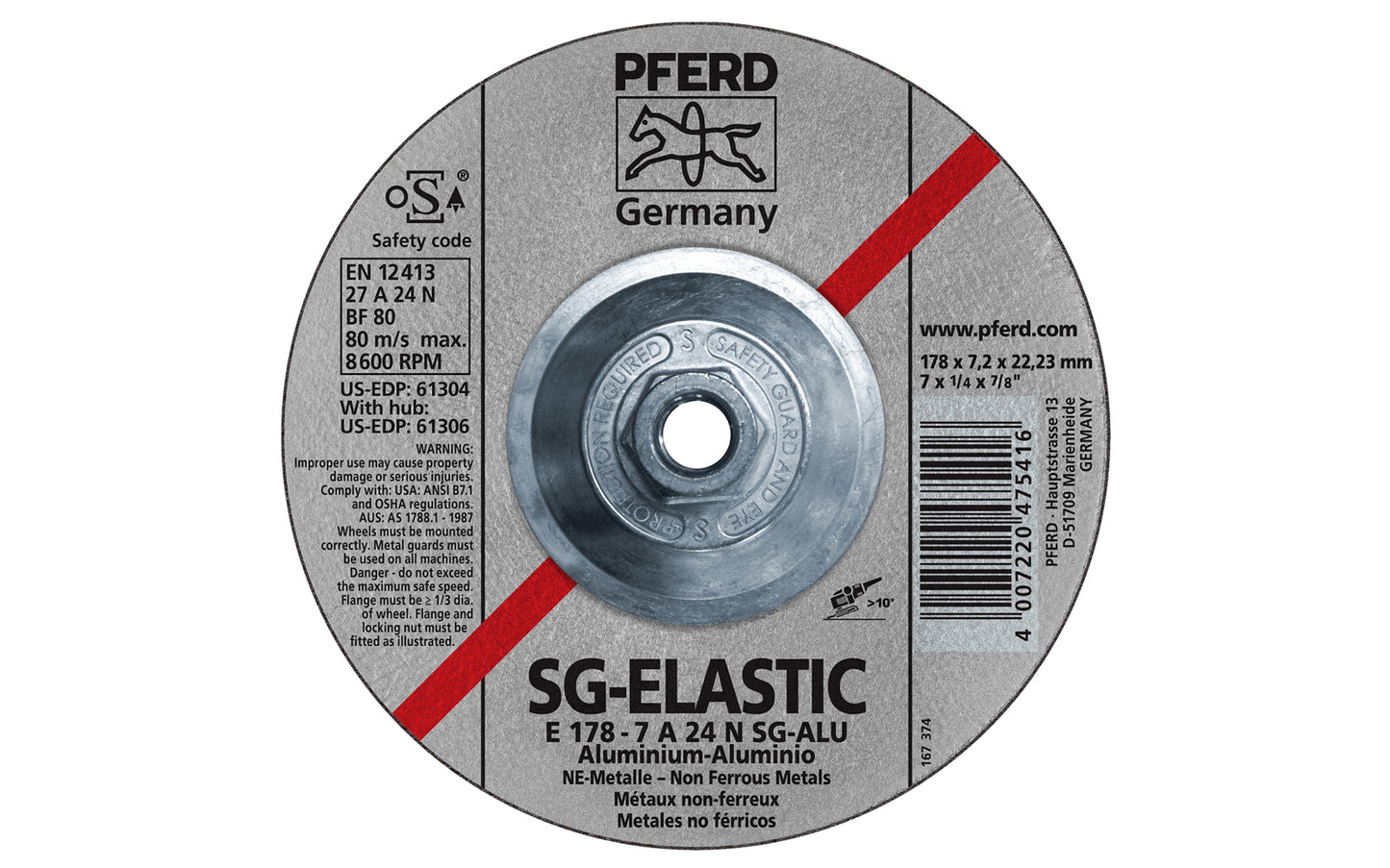 High quality 7" Aluminum Grinding Wheel made by Pferd in Germany. Model 61306. Designed for aluminum & non-ferrous metals with fast stock removal & long service life. Fast cutting action. 7" diameter. 5/8-11 Threaded hub. 1/4" thickness of blade. 4007220161906. Made in Germany.