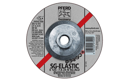 High quality 5" Aluminum Grinding Wheel made by Pferd in Germany. Model 61308. Designed for aluminum & non-ferrous metals with fast stock removal & long service life. Fast cutting action. 5" diameter. 5/8"-11 Threaded hub. 1/4" thickness of blade. 4007220475409. Made in Germany.
