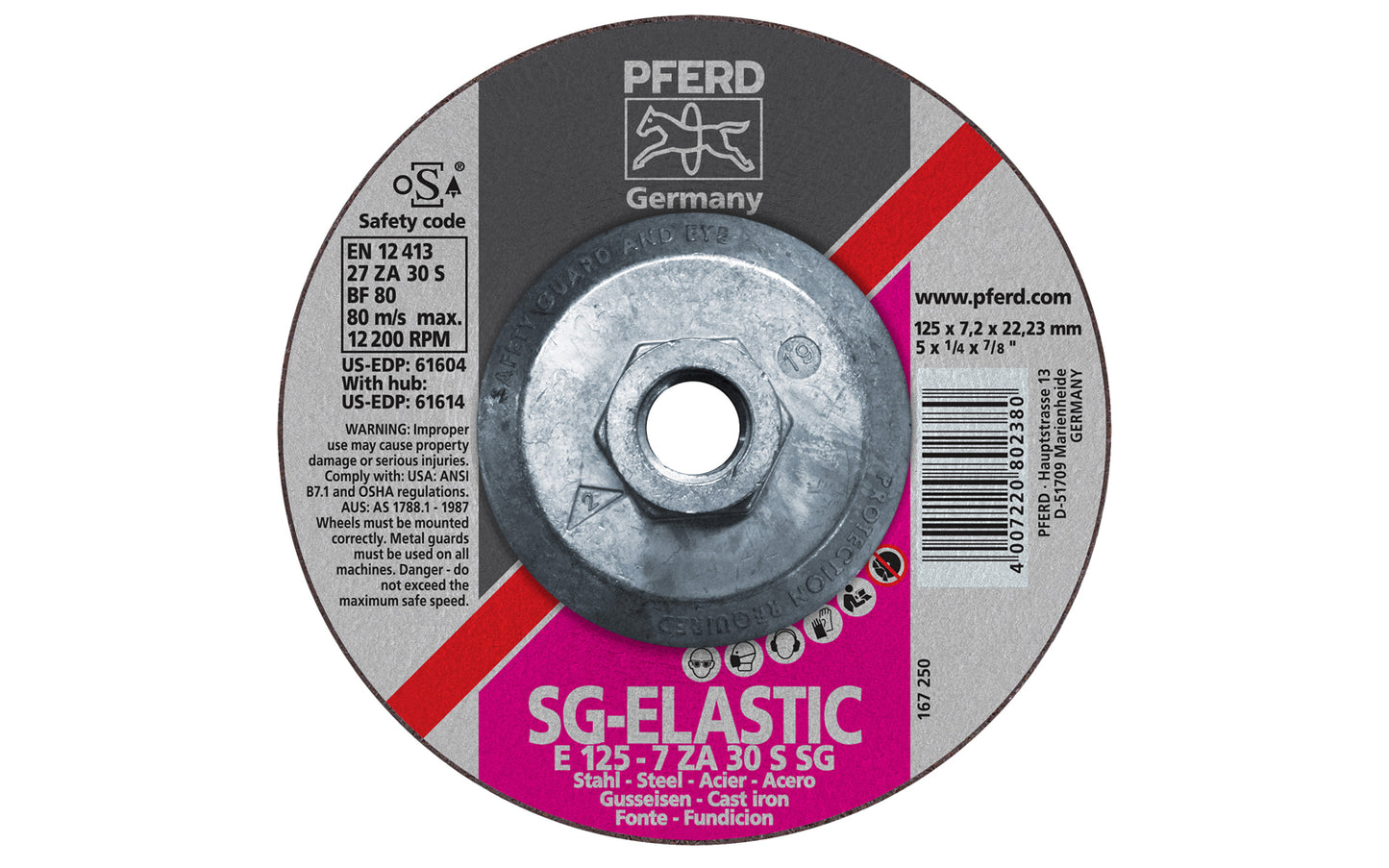 High quality 5" Zirconium Grinding Wheel made by Pferd in Germany. Model 61614. Zirconia alumina (Zirconium) grinding wheel is designed for steels & cast iron with excellent material removal rate & long service life. Fast cutting. 5" diameter. 5/8-11 thread. 1/4" thickness of blade. 4007220802380. Made in Germany.