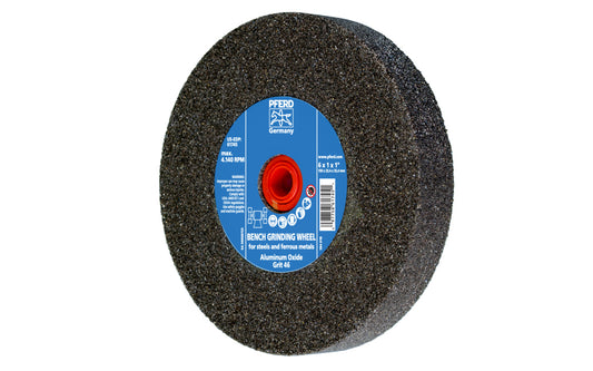 6" Aluminum Oxide Bench Grinding Wheel made by Pferd in Germany. General purpose grinding on steel, stainless, cast iron, high speed steels, & ferrous metals. Used for sharpening edges on tools. 1" thick wheel. 1" arbor hole. 60 grit. Has bushings with 1/2", 5/8", 3/4" sizes. 097758617451. Model 61745. Made in Germany.