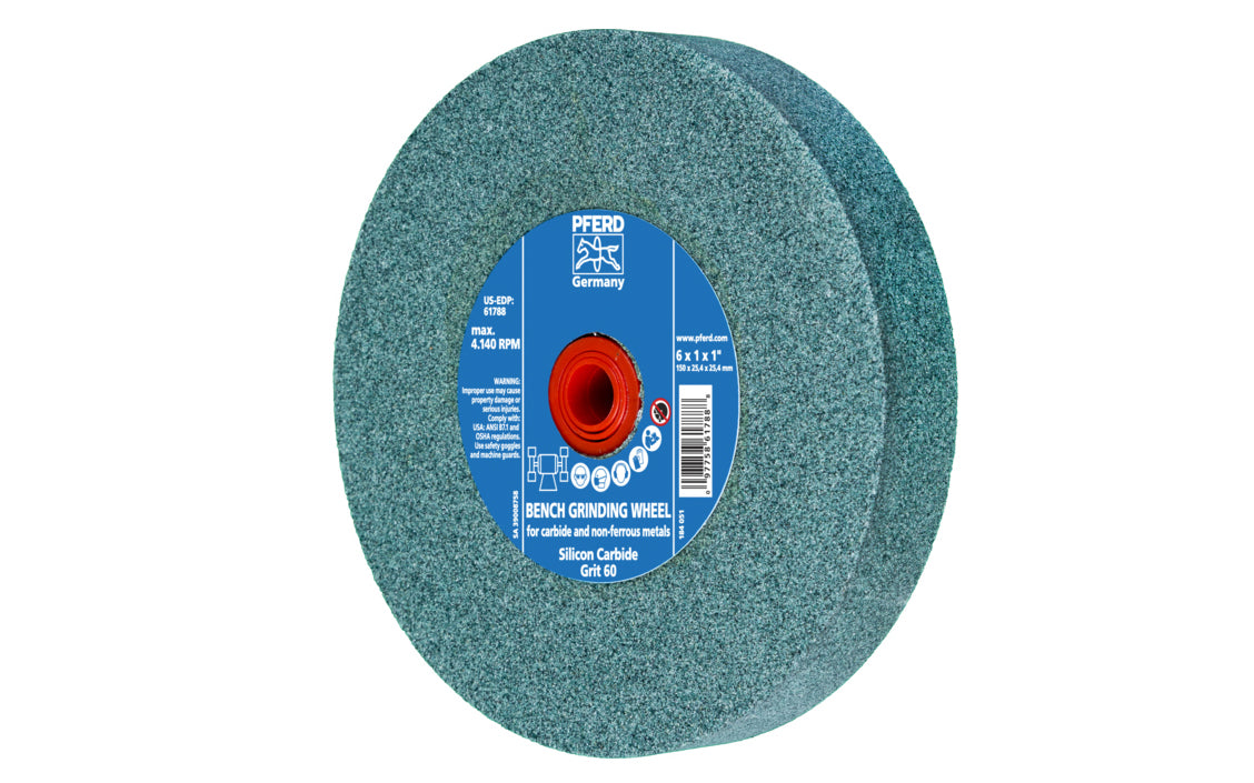 High quality 6" Silicone Carbide Bench Grinding Wheel made by Pferd in Germany. For carbide & non-ferrous metals. Ideal for sharpening edges on cutting tools with carbide tips. 1" thick wheel. 1" arbor hole diameter. 60 grit. Includes bushings with 1/2", 5/8", 3/4" sizes. 097758617888. Model 61788. Made in Germany.