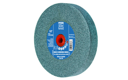 High quality 6" Silicone Carbide Bench Grinding Wheel made by Pferd in Germany. For carbide & non-ferrous metals. Ideal for sharpening edges on cutting tools with carbide tips. 1" thick wheel. 1" arbor hole diameter. 60 grit. Includes bushings with 1/2", 5/8", 3/4" sizes. 097758617888. Model 61788. Made in Germany.