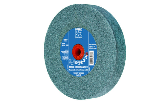 High quality 6" Silicone Carbide Bench Grinding Wheel made by Pferd in Germany. For carbide & non-ferrous metals. Ideal for sharpening edges on cutting tools with carbide tips. 1" thick wheel. 1" arbor hole diameter. 60 grit. Includes bushings with 1/2", 5/8", 3/4" sizes. 097758617888. Model 61788. Made in Germany.