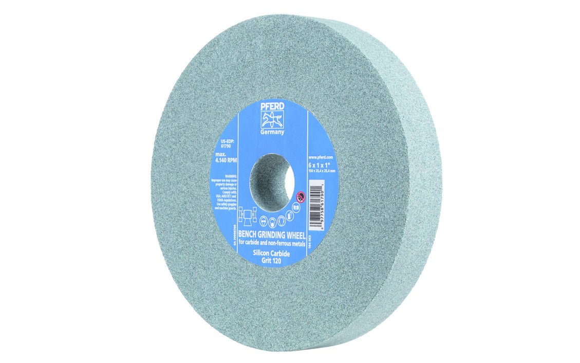 High quality 6" Silicone Carbide Bench Grinding Wheel made by Pferd in Germany. For carbide & non-ferrous metals. Ideal for sharpening edges on cutting tools with carbide tips. 1" thick wheel. 1" arbor hole diameter. 120 grit. Includes bushings with 1/2", 5/8", 3/4" sizes. 097758617901. Model 61790. Made in Germany.