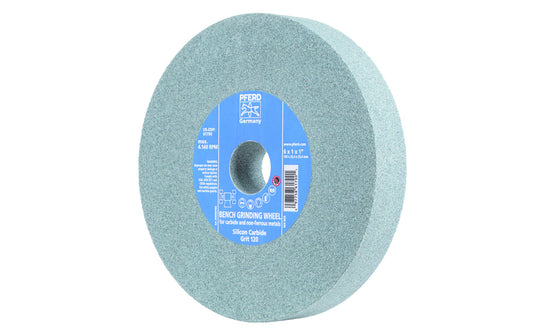 High quality 6" Silicone Carbide Bench Grinding Wheel made by Pferd in Germany. For carbide & non-ferrous metals. Ideal for sharpening edges on cutting tools with carbide tips. 1" thick wheel. 1" arbor hole diameter. 120 grit. Includes bushings with 1/2", 5/8", 3/4" sizes. 097758617901. Model 61790. Made in Germany.