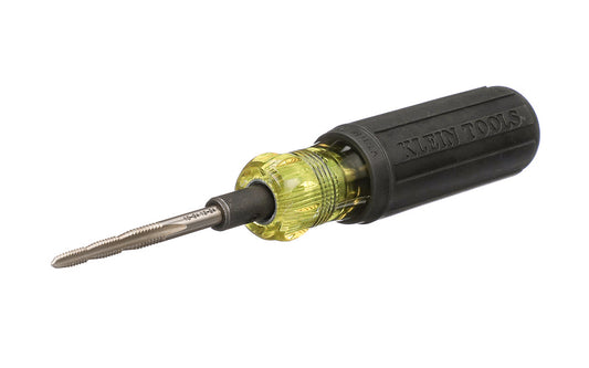 Klein Tools 6-in-1 Tap Tool quickly forms new threads & re-forms burred threads. Also good for cleaning out plaster obstructions. Each tap size rethreads to the next larger size if threads are stripped. Accommodates six tap sizes: 6-32, 8-32, 10-32, 10-24, 12-24, 1/4-20. Model 626. Cushion-Grip handle. 092644626203
