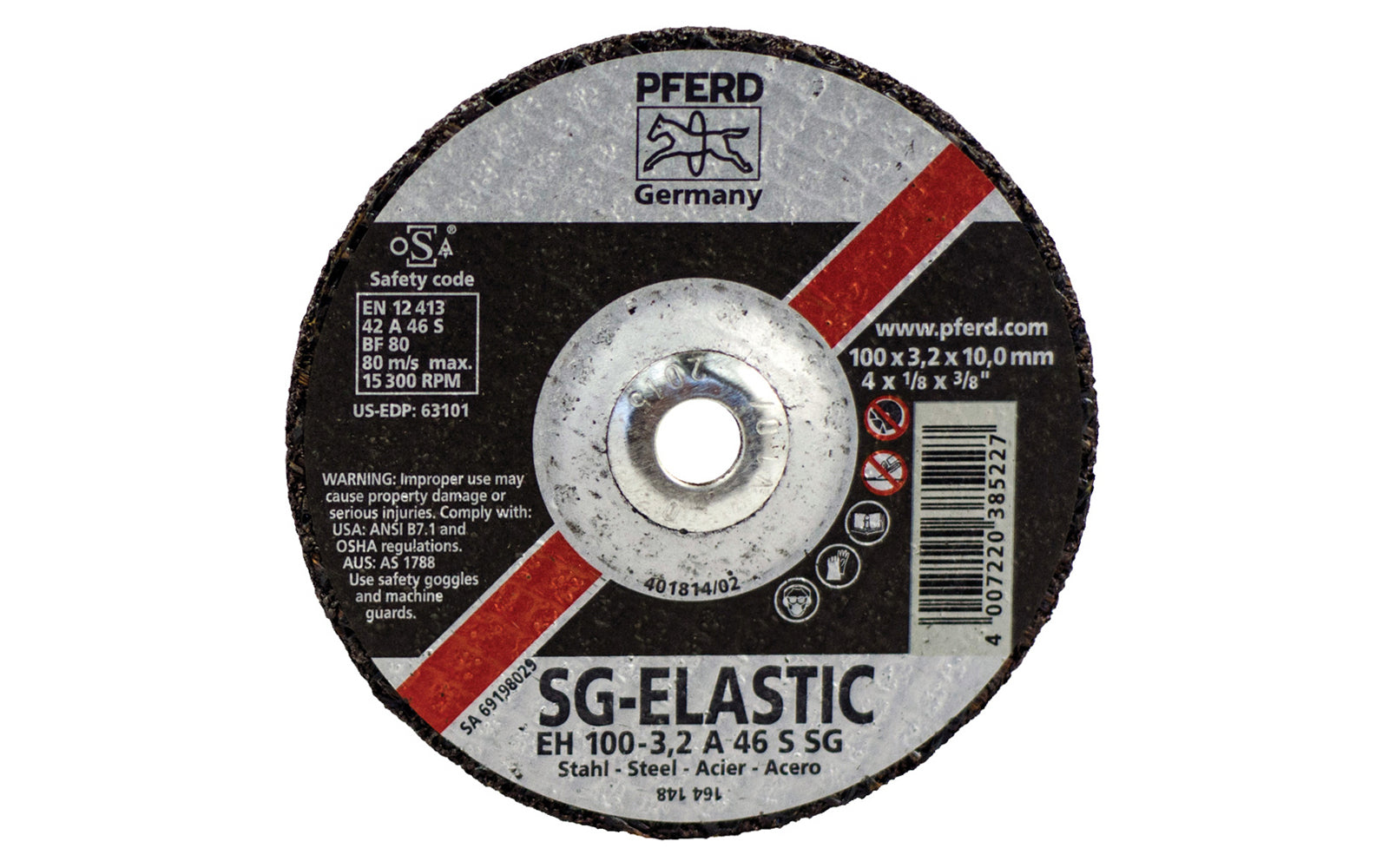 High quality 4" Cut-Off Wheel made by Pferd in Germany. Model 63101. Designed for steel (sheet metal, tool steel, HSS, structural steel, etc) & suitable for cast iron, & non-ferrous metals. Fast cutting. 4" diameter of wheel. 3/8" arbor hole. 1/8" thickness of blade. cut off disc. 4007220385227. Model 63101 ~ Made in Germany.