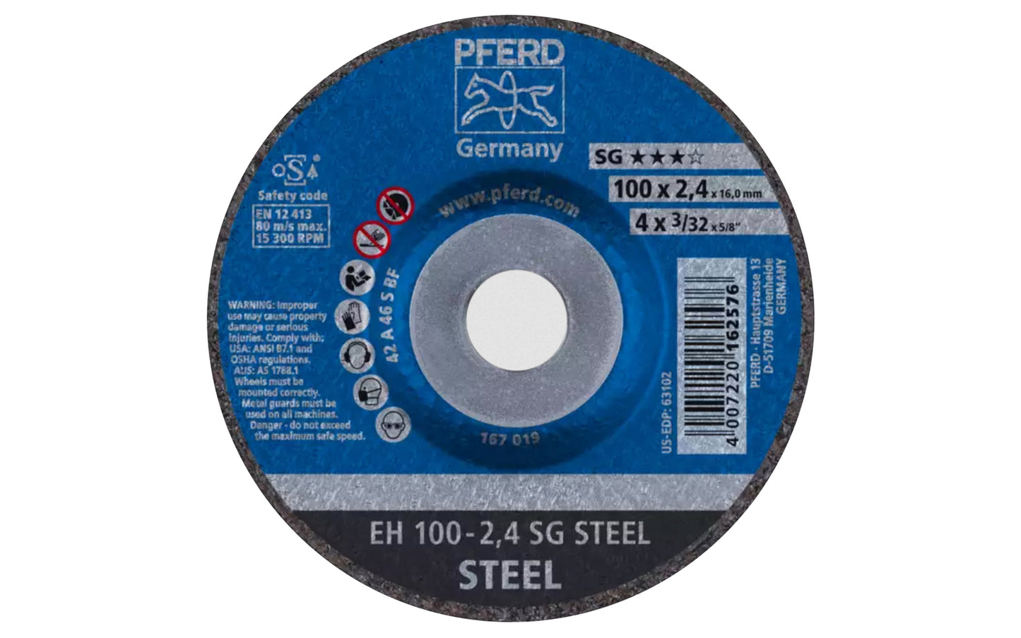 High quality 4" Cut-Off Wheel made by Pferd in Germany. Model 63102. Designed for steel, cutting of sheet metal, sections, cutting solid material. Fast cutting action. 4" diameter. 5/8" Arbor. 3/32" thickness of blade. 4007220162576. Model 63102 ~ Made in Germany.