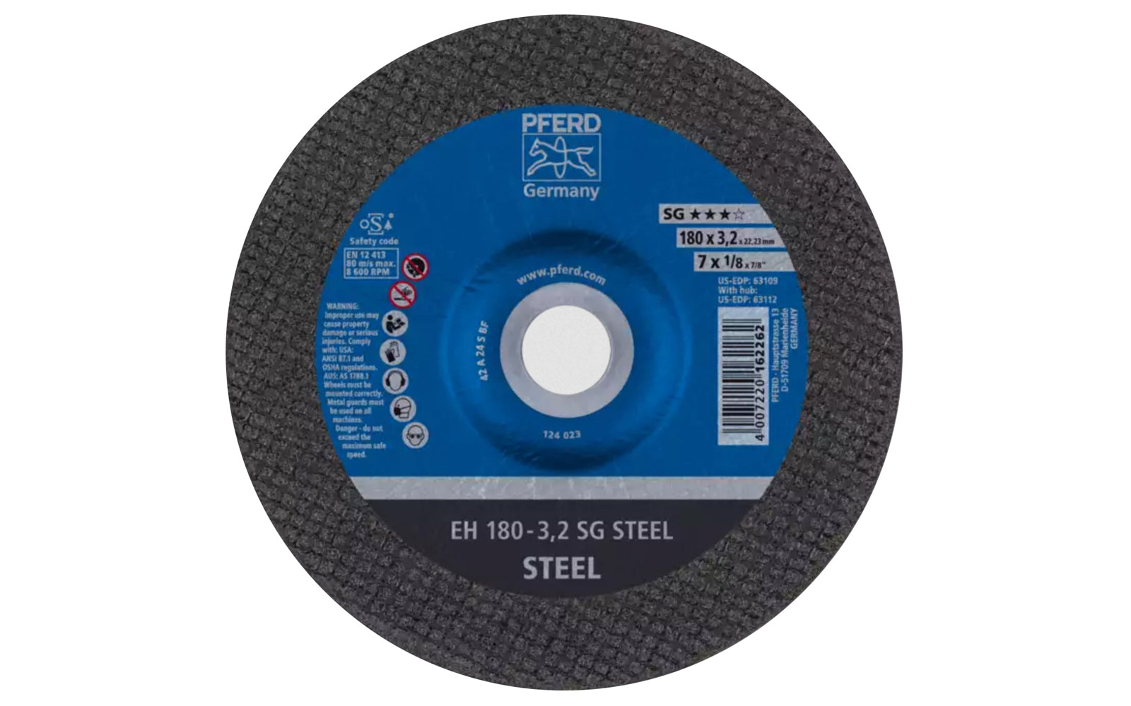 High quality 7" Cut-Off Wheel made by Pferd in Germany. This cut off wheel is designed for steel (sheet metal, tool steel, HSS, structural steel, etc). & also suitable for cast iron, & non-ferrous metals. Cut off disc has fast cutting action. 7" diameter of wheel. 7/8" arbor. 4007220162262. Made in Germany.