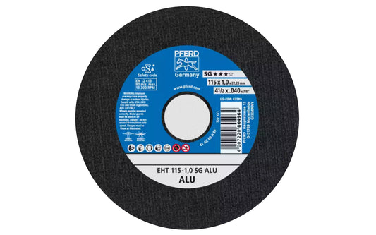 High quality 4-1/2" Cut-Off Wheel made by Pferd in Germany. Model 63589. Cut off wheel is designed for aluminum, but also suitable for copper, brass, bronze, & non-ferrous metals. It has fast cutting action. 4-1/2" diameter of wheel. 7/8" arbor hole diameter. 0.040" thickness of blade. 4007220804964. Made in Germany.
