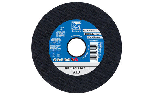 High quality 4-1/2" Aluminum Cut-Off Wheel made by Pferd in Germany. Designed for tough & hard aluminum & suitable for non-ferrous metals. Blade contains no fillers. Fast cutting action. 4-1/2" diameter of wheel. 7/8" arbor hole diameter. 3/32" thick blade. cut off disc. 4007220617892. Model 63602. Made in Germany.