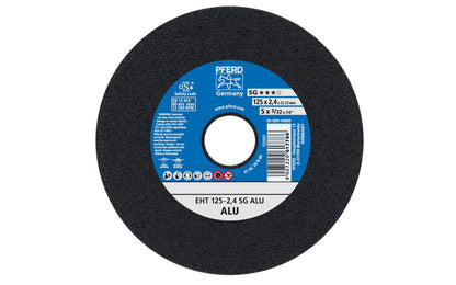 High quality 5" Aluminum Cut-Off Wheel made by Pferd in Germany. Designed for tough & hard aluminum, but also suitable for non-ferrous metals. Blade contains no fillers. Fast cutting action. 5" diameter of wheel. 7/8" arbor hole diameter. 3/32" thickness of blade. cut off disc. 4007220617786. Made in Germany.