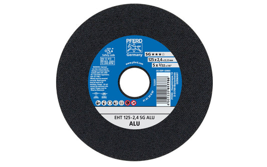 High quality 5" Aluminum Cut-Off Wheel made by Pferd in Germany. Designed for tough & hard aluminum, but also suitable for non-ferrous metals. Blade contains no fillers. Fast cutting action. 5" diameter of wheel. 7/8" arbor hole diameter. 3/32" thickness of blade. cut off disc. 4007220617786. Made in Germany.